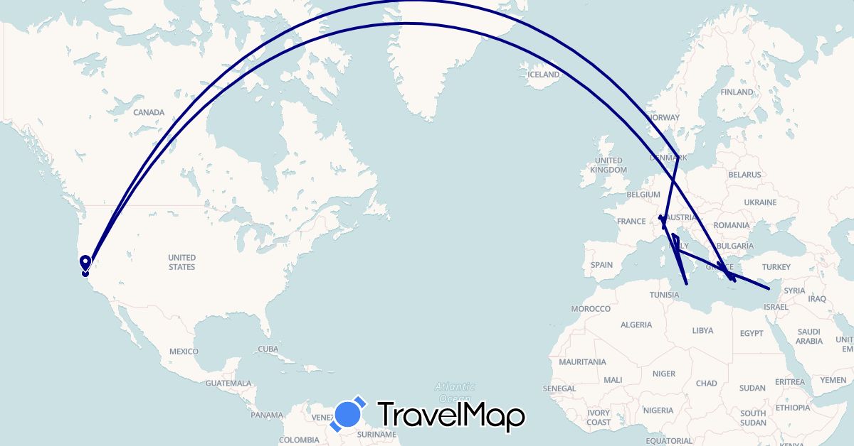TravelMap itinerary: driving in Switzerland, Cyprus, Denmark, Greece, Italy, Liechtenstein, Malta, San Marino, United States (Asia, Europe, North America)